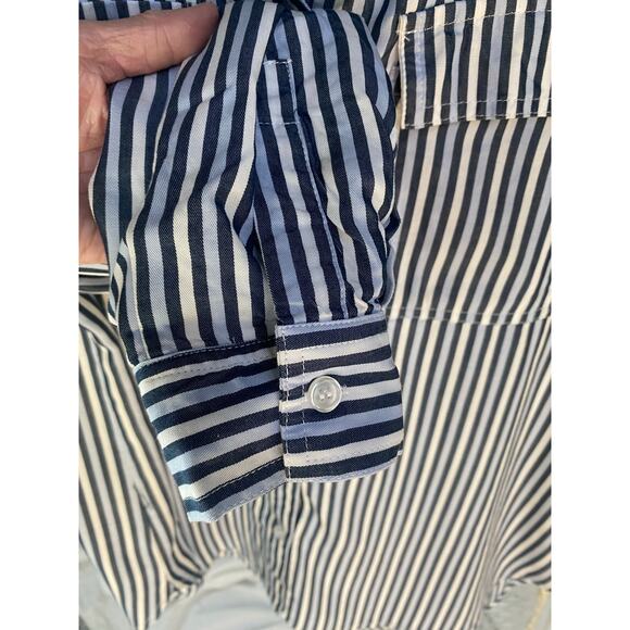 Velvet Heart Shirt Button Down Blue and White Stripe Roll Tab Sleeves Tencel Lg - Picture 10 of 10